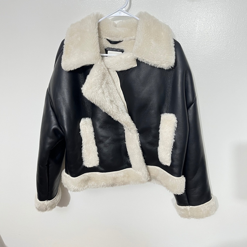 Abercrombie & Fitch Aviator Jacket Womens Small Black Vegan Leather Sherpa Lined - Picture 2 of 6